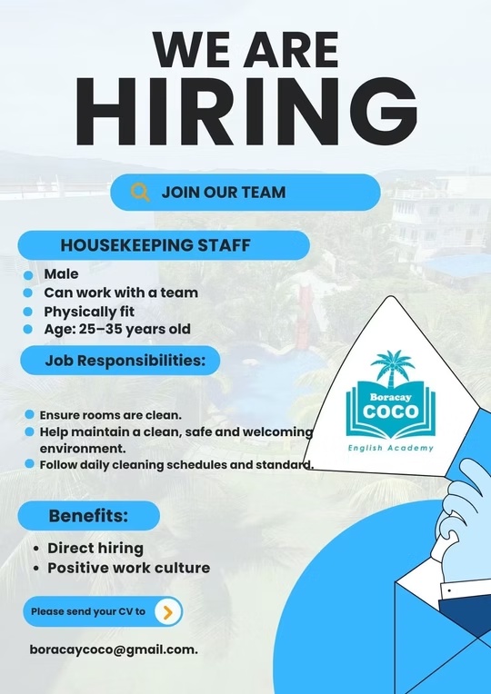 Boracay Coco English Academy — Housekeeping Staff original recruitment poster