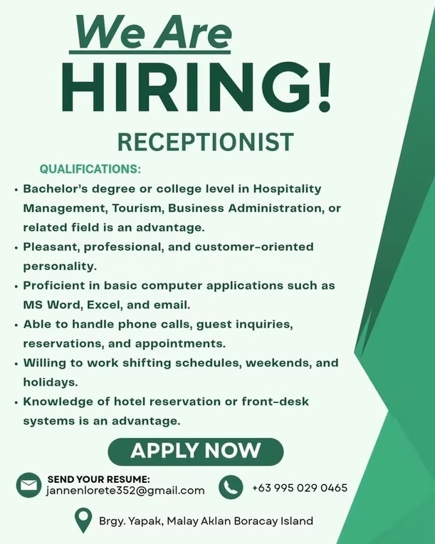 Receptionist — Brgy. Yapak, Malay Aklan Boracay Island original recruitment poster
