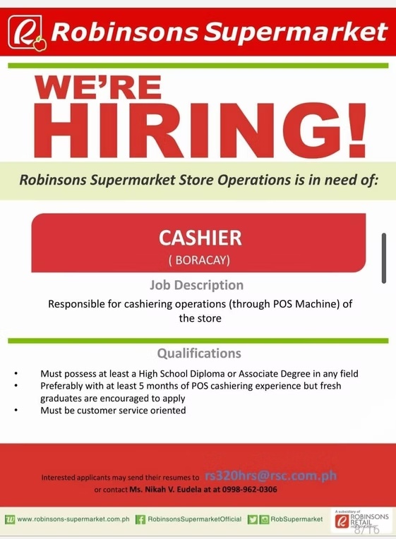 Robinsons Supermarket — Cashier (Boracay) original recruitment poster