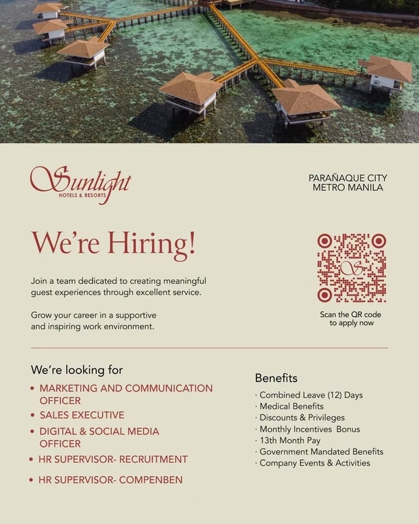 Sunlight Hotels & Resorts — We’re Hiring! original recruitment poster