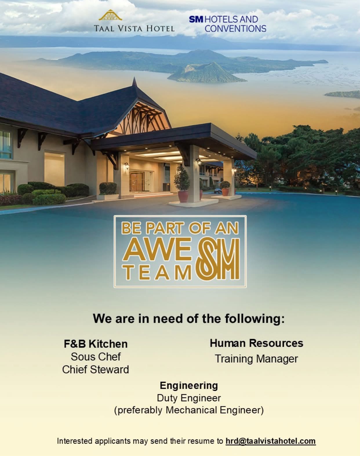 Taal Vista Hotel recruitment poster with Sous Chef, Chief Steward, Training Manager, and Duty Engineer openings